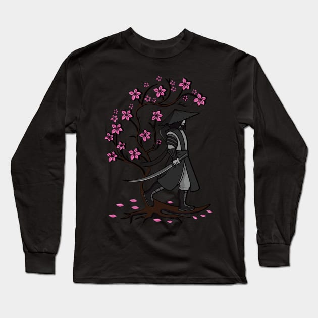 Vintage Samurai Sword Warrior Cherry Blossom Japanese Design Long Sleeve T-Shirt by Luxara